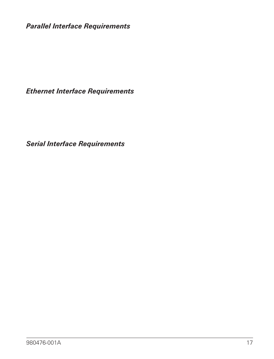 Parallel interface requirements 17, Ethernet interface requirements 17, Serial interface requirements 17 | Zebra Technologies R2844-Z User Manual | Page 25 / 86