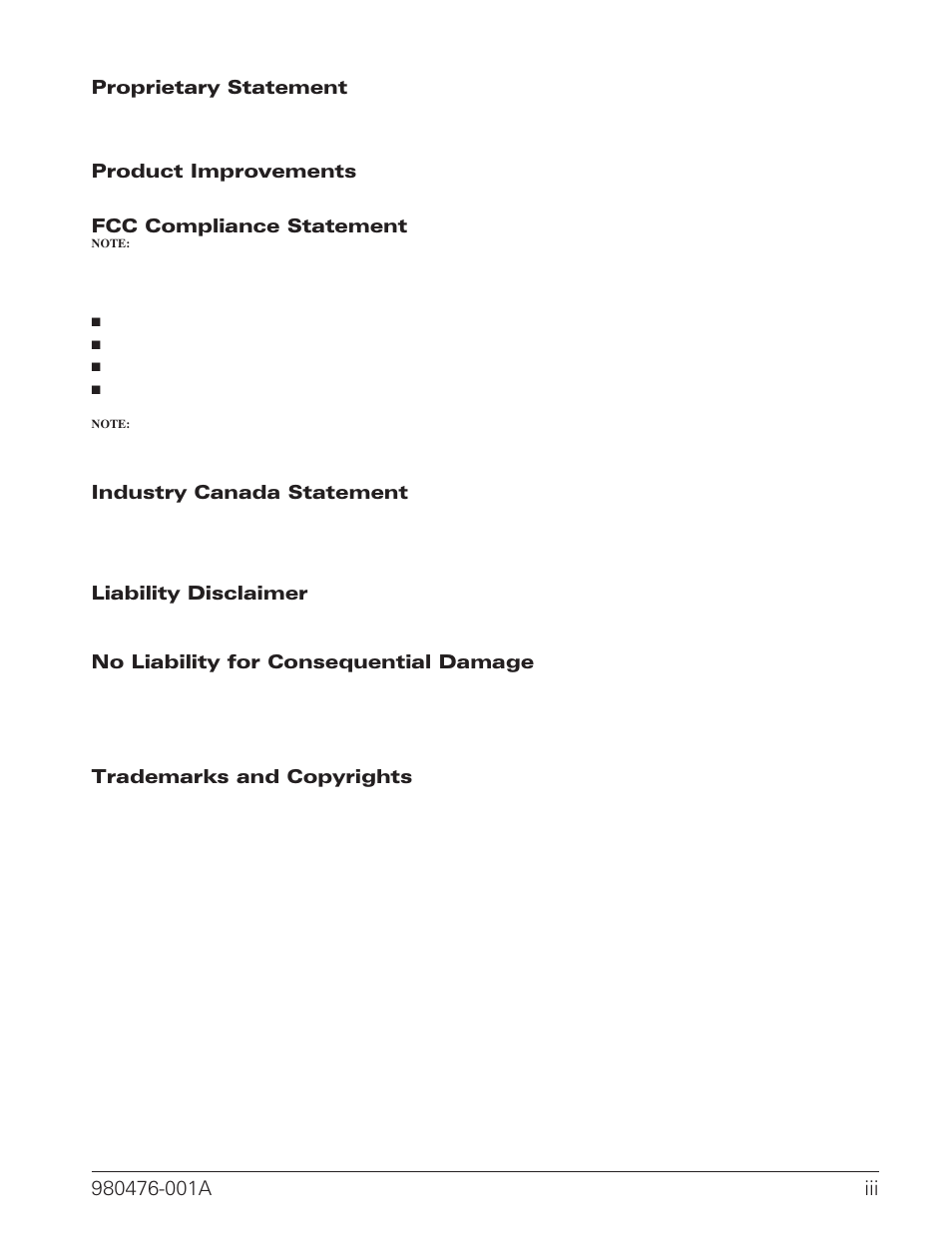 Proprietary statement, Product improvements, Fcc compliance statement | Industry canada statement, Liability disclaimer, No liability for consequential damage, Trademarks and copyrights | Zebra Technologies R2844-Z User Manual | Page 3 / 86