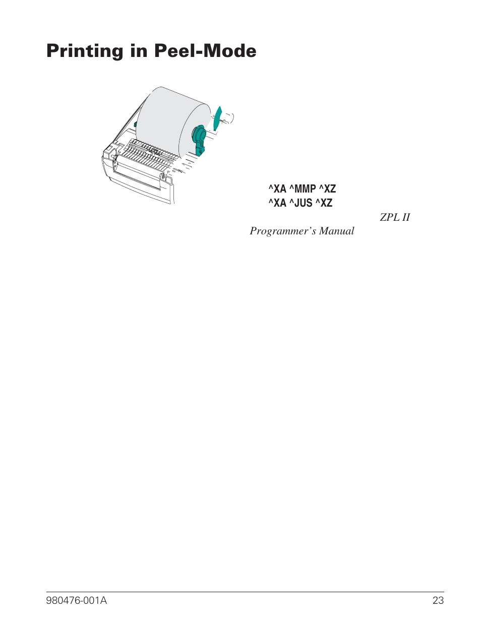 Printing in peel-mode 23, Printing in peel-mode | Zebra Technologies R2844-Z User Manual | Page 31 / 86