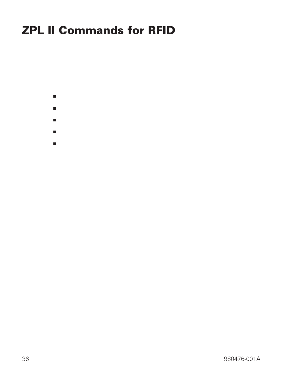 Zpl ii commands for rfid 36, Zpl ii commands for rfid | Zebra Technologies R2844-Z User Manual | Page 44 / 86