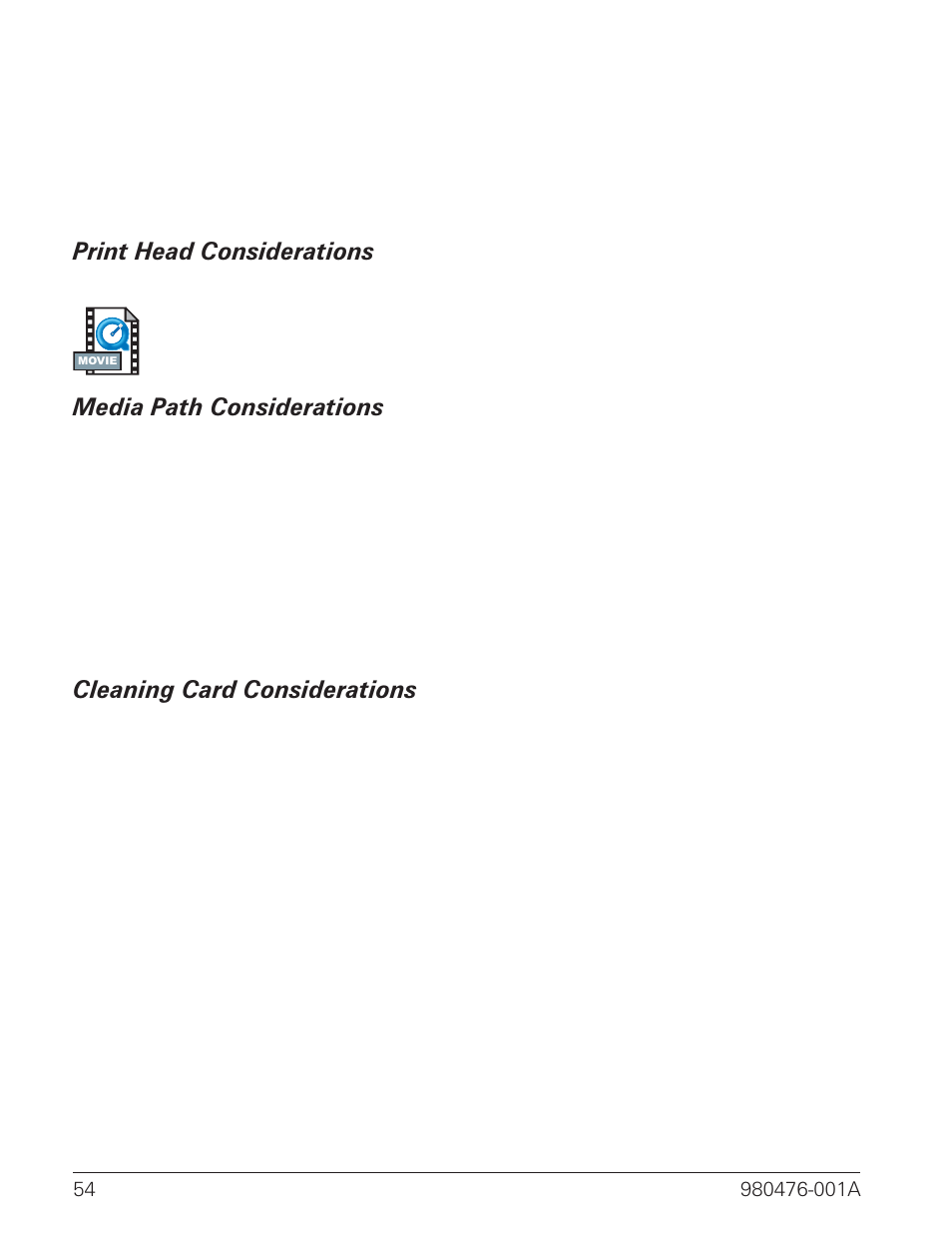 Print head considerations 54, Media path considerations 54, Cleaning card considerations 54 | Zebra Technologies R2844-Z User Manual | Page 62 / 86