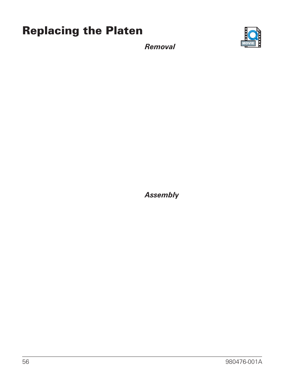 Replacing the platen 56, Replacing the platen | Zebra Technologies R2844-Z User Manual | Page 64 / 86