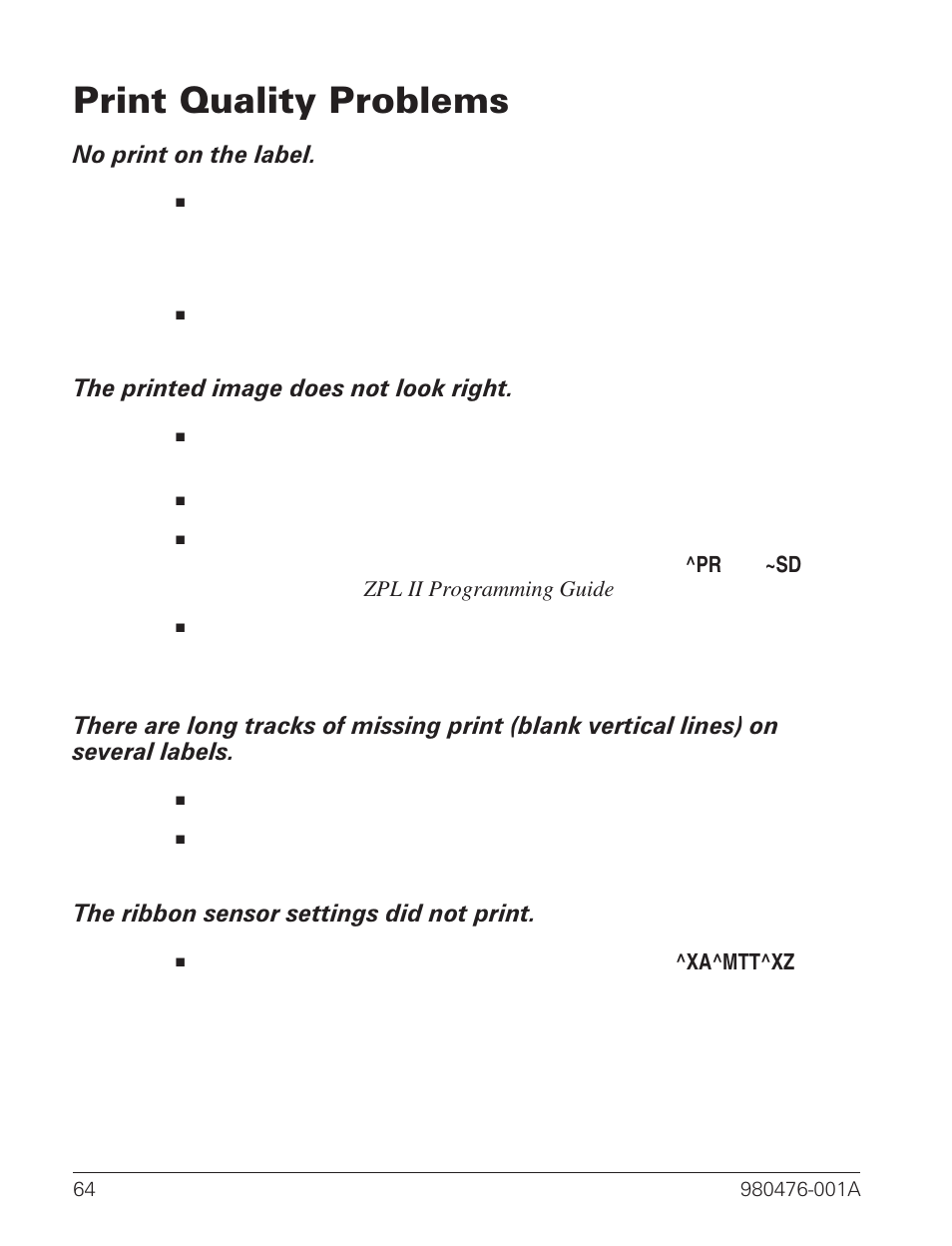 Print quality problems 64, Print quality problems, No print on the label | The printed image does not look right, The ribbon sensor settings did not print | Zebra Technologies R2844-Z User Manual | Page 72 / 86
