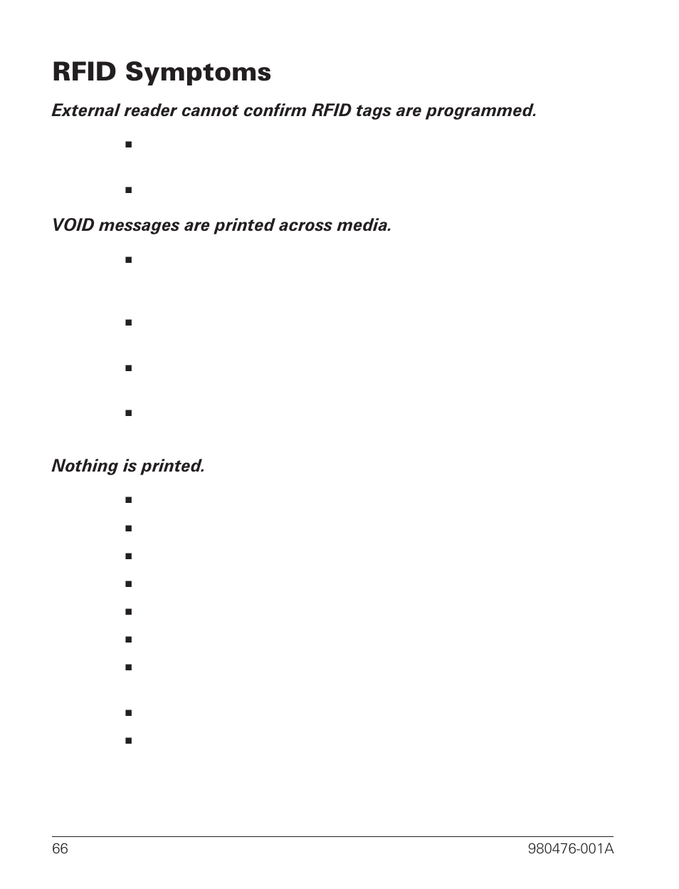 Rfid symptoms 66, Void messages are printed across media. 66, Nothing is printed. 66 | Rfid symptoms, Void messages are printed across media, Nothing is printed, Check if supported rfid media is loaded correctly, Wrong type of tag was selected. check zpl ii | Zebra Technologies R2844-Z User Manual | Page 74 / 86