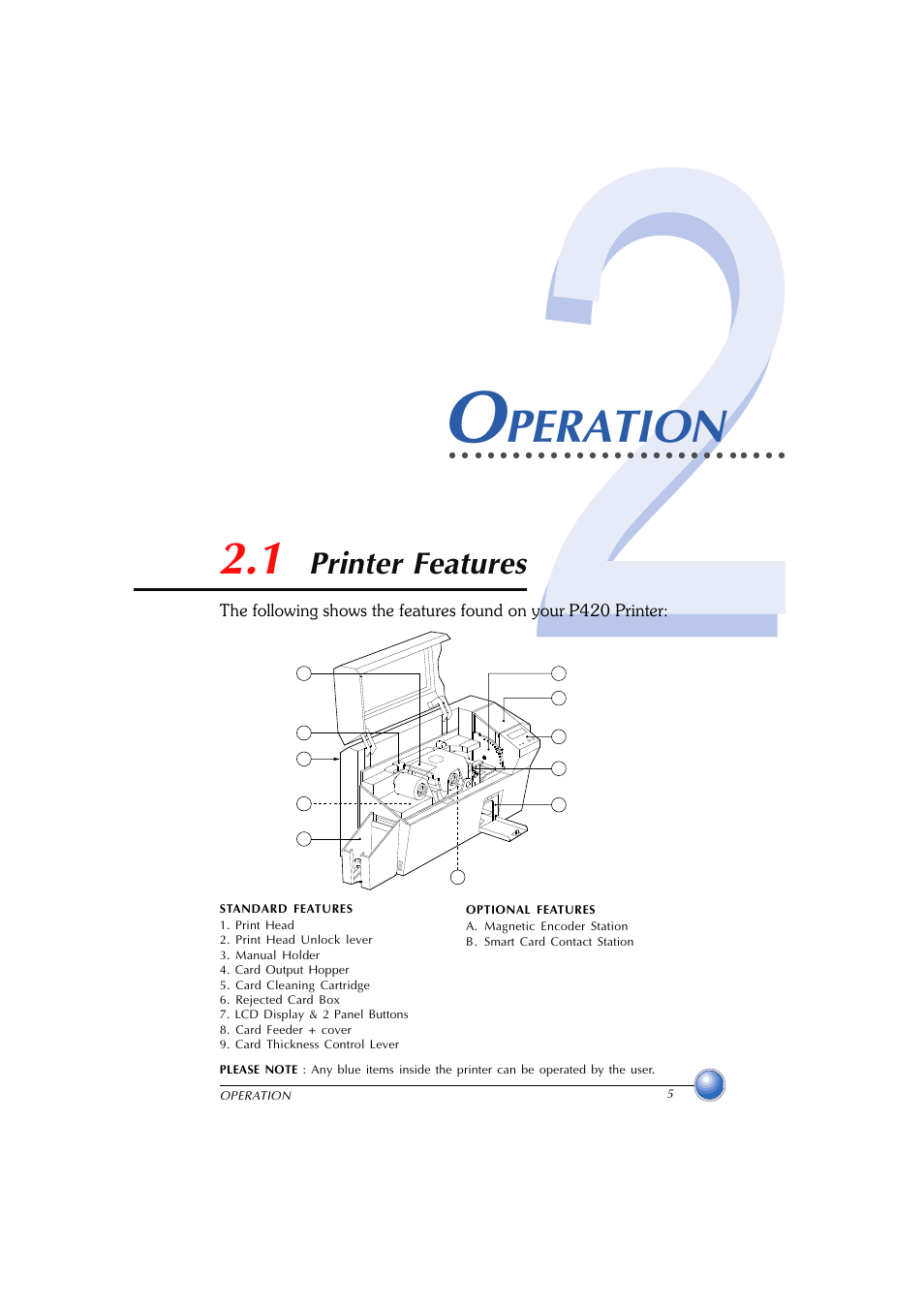 Operation, Printer features, 1 printer features | Peration | Zebra Technologies P420 User Manual | Page 13 / 54