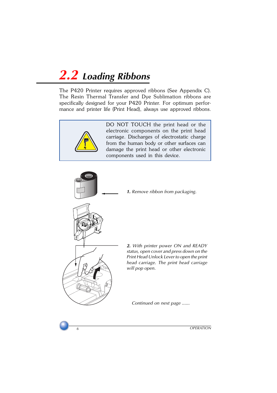 Loading ribbons, 2 loading ribbons | Zebra Technologies P420 User Manual | Page 14 / 54