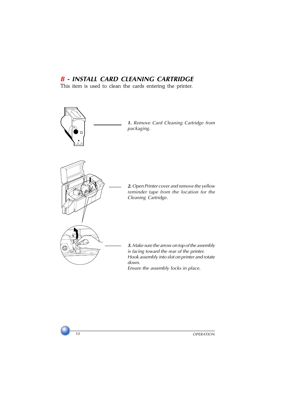 Card cleaning cartridge, B- install card cleaning cartridge | Zebra Technologies P420 User Manual | Page 18 / 54