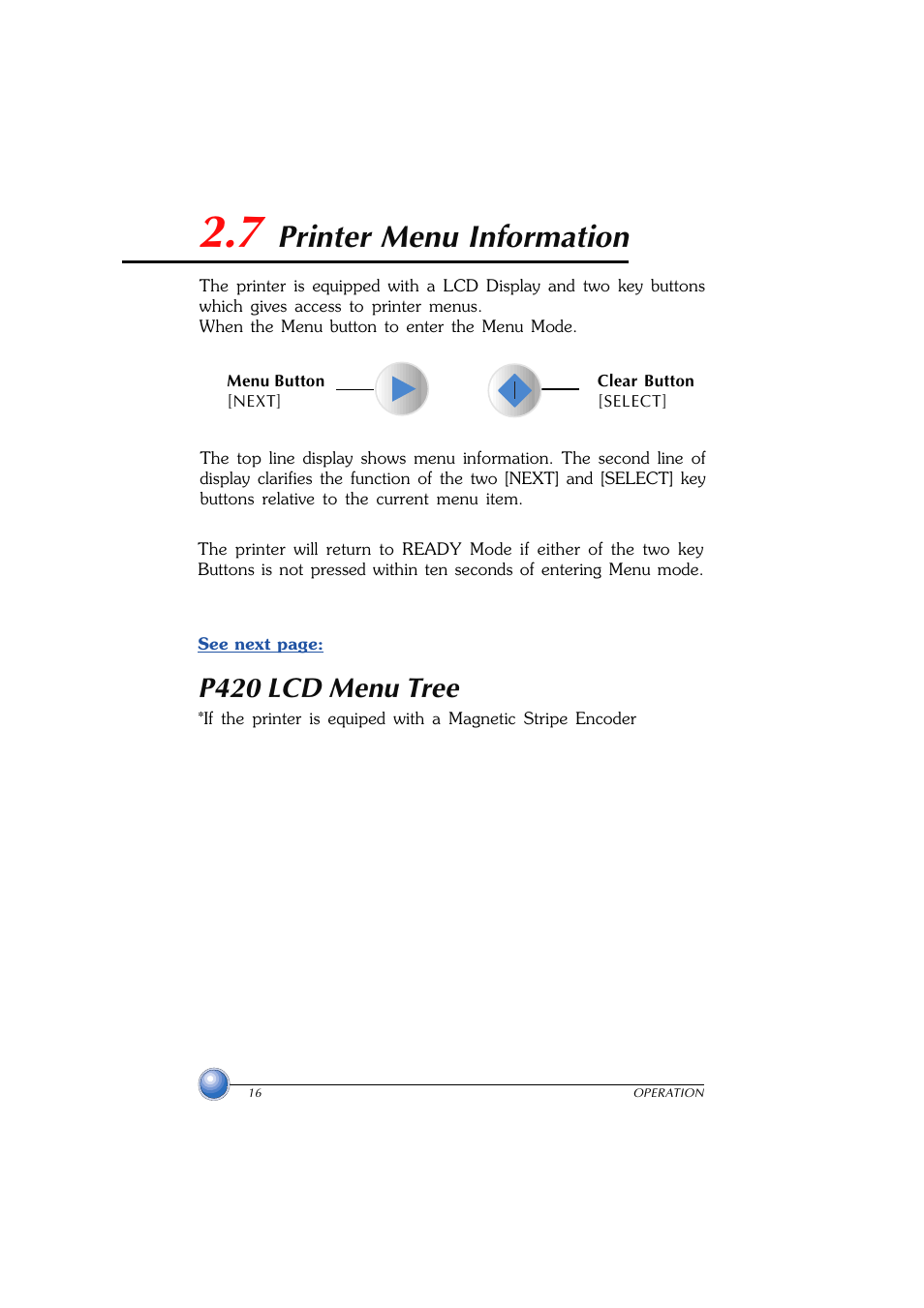 Printer menu information, 7 printer menu information, P420 lcd menu tree | Zebra Technologies P420 User Manual | Page 24 / 54