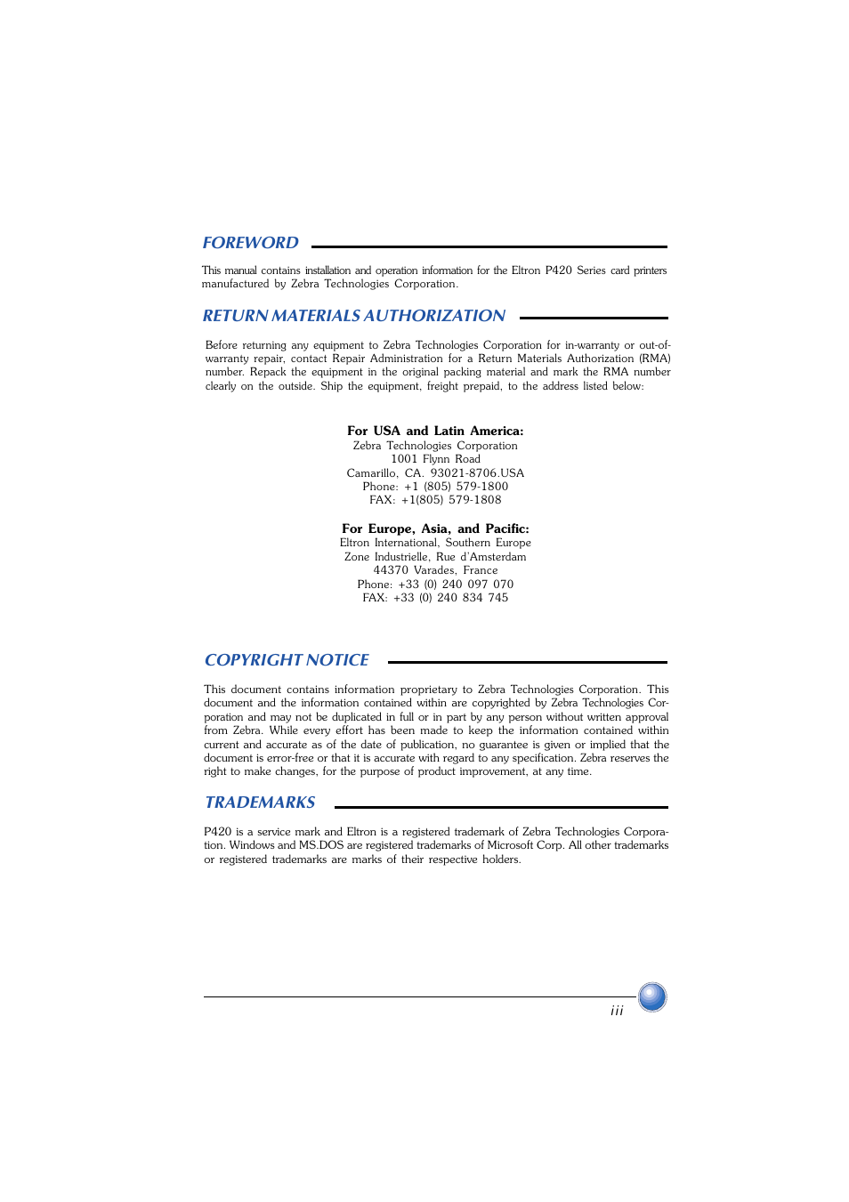 Return materials authorization, Copyright, Return materials authorization copyright notice | Foreword, Trademarks | Zebra Technologies P420 User Manual | Page 3 / 54