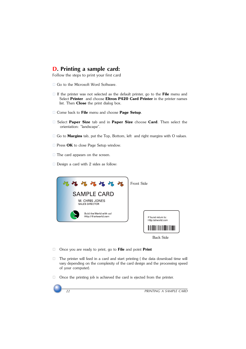 Printing a sample card, D. printing a sample card | Zebra Technologies P420 User Manual | Page 30 / 54