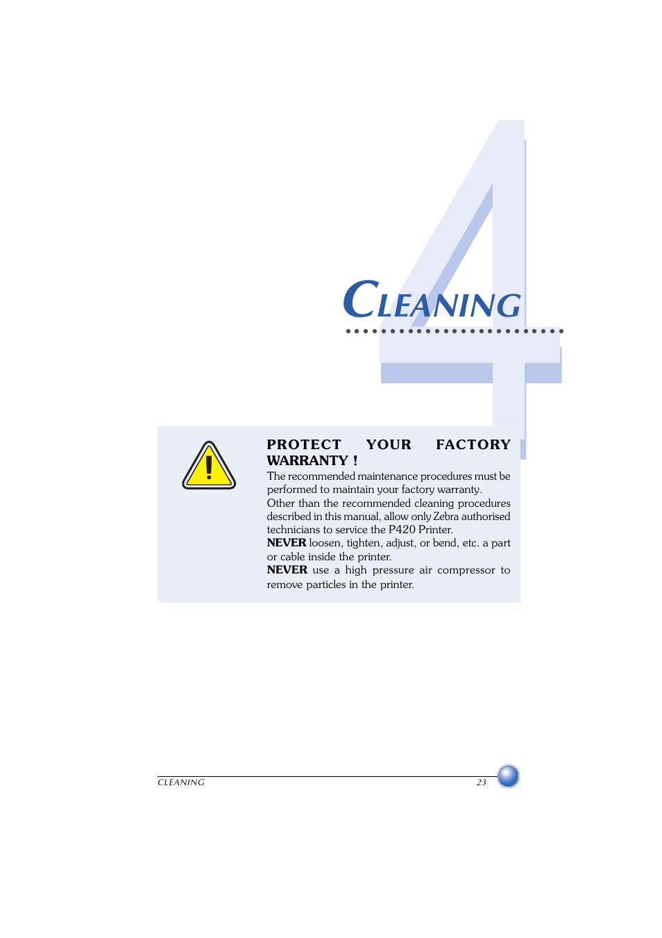Cleaning, Leaning | Zebra Technologies P420 User Manual | Page 31 / 54