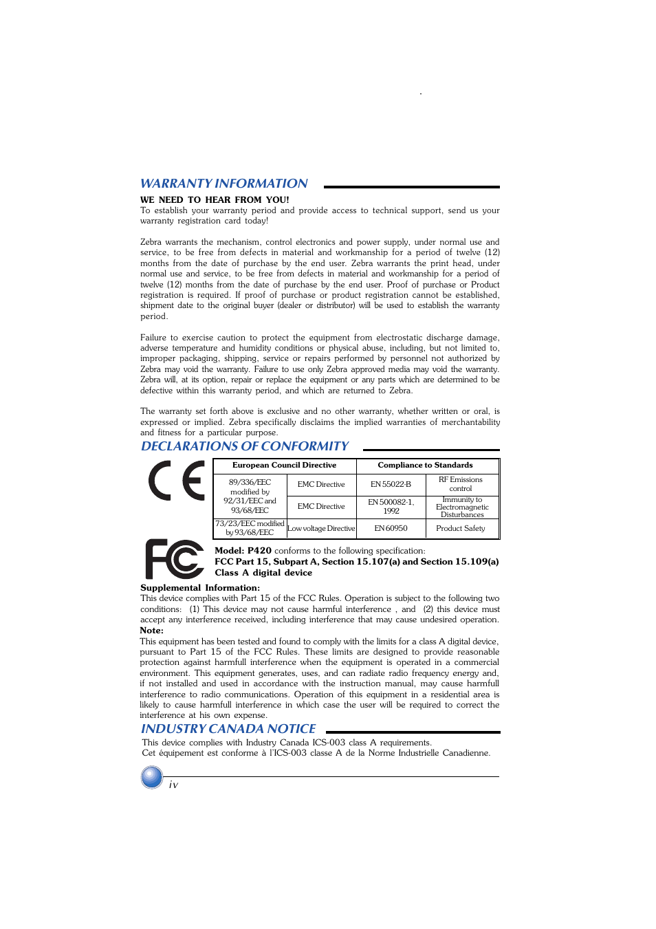 Warranty information, Conformity, Declarations of conformity | Industry canada notice | Zebra Technologies P420 User Manual | Page 4 / 54