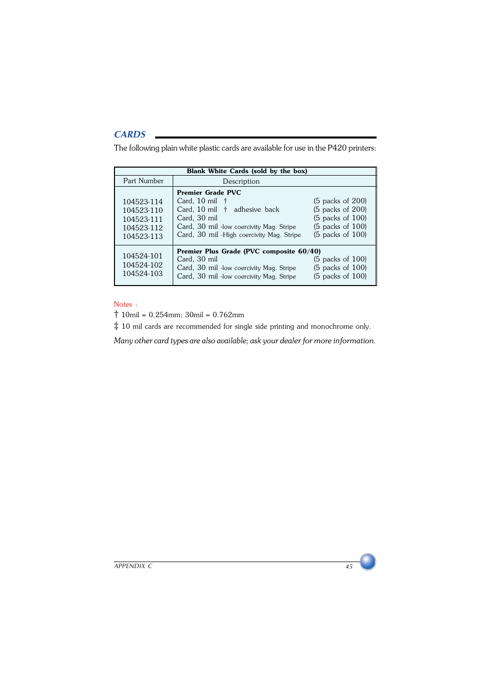 Cards | Zebra Technologies P420 User Manual | Page 52 / 54
