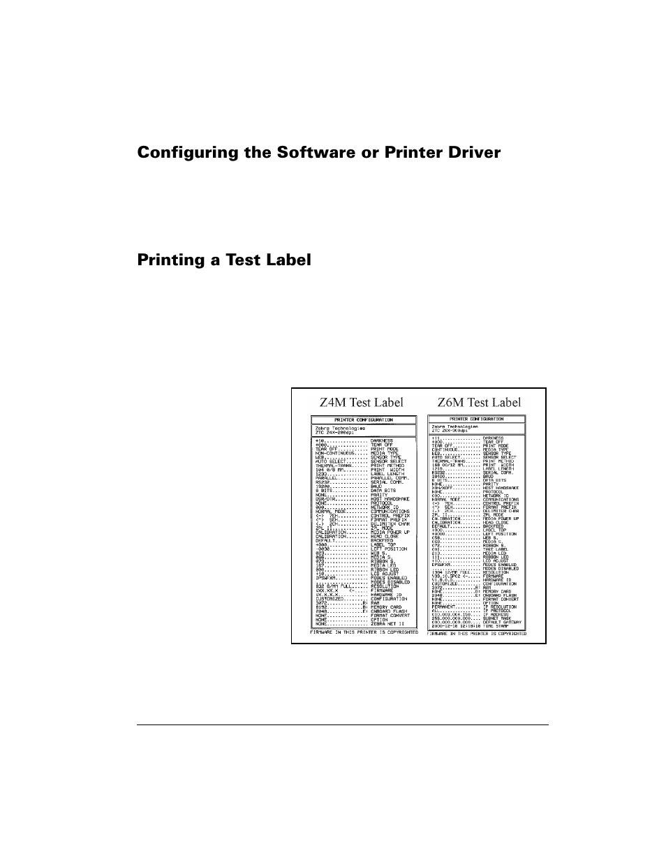 Configuring the software or printer driver, Printing a test label, Rqiljxulqj wkh 6riwzduh ru 3ulqwhu 'ulyhu | 3ulqwlqj d 7hvw /deho | Zebra Technologies Z6M User Manual | Page 23 / 112