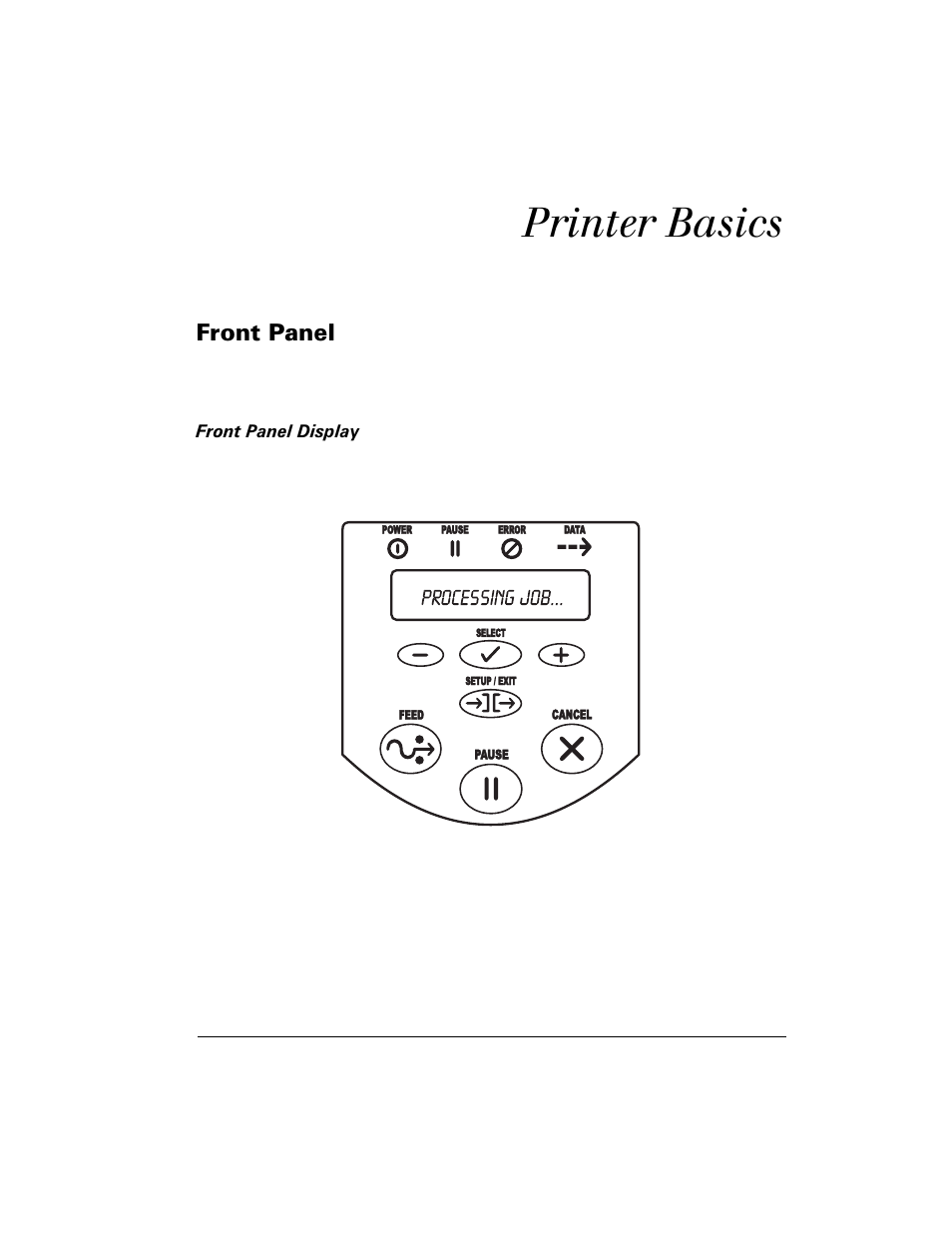 Printer basics, Front panel, Ãïlãí aæyæ | Front panel display, Urqw 3dqho | Zebra Technologies Z6M User Manual | Page 27 / 112