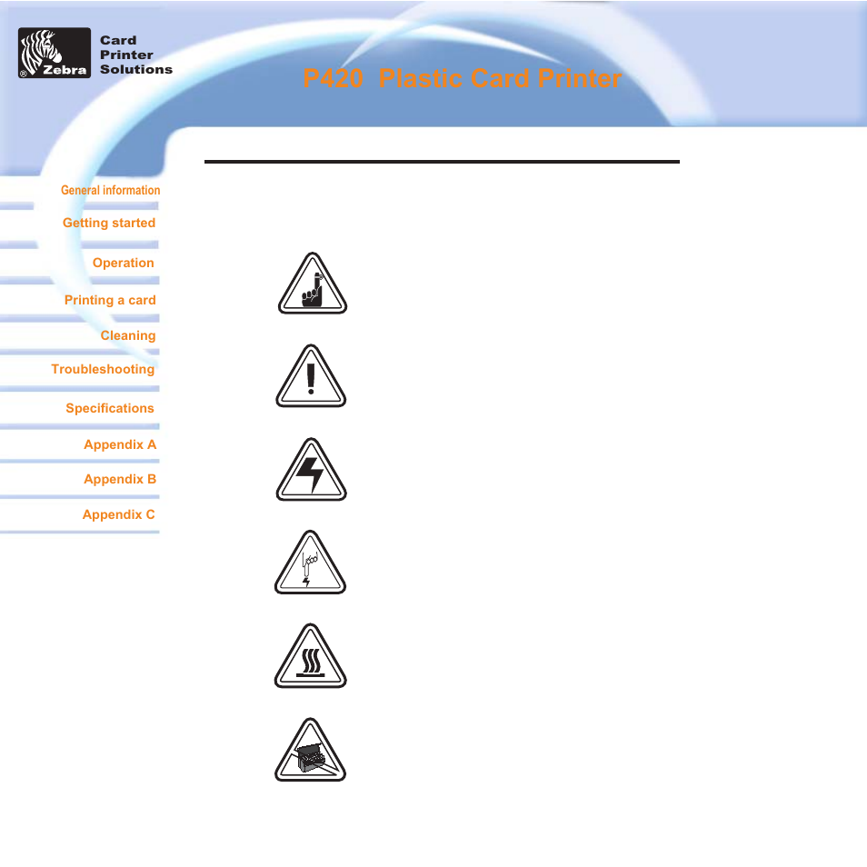 P420 i plastic card printer, Icons | Zebra Technologies P420i User Manual | Page 6 / 53