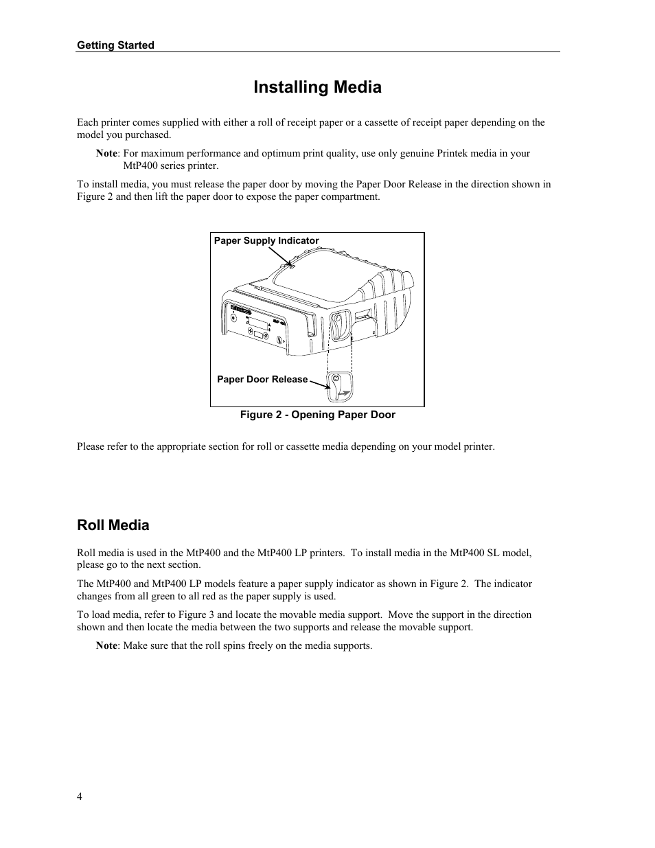 Installing media, Roll media | Zebra Technologies MtP400 User Manual | Page 10 / 63