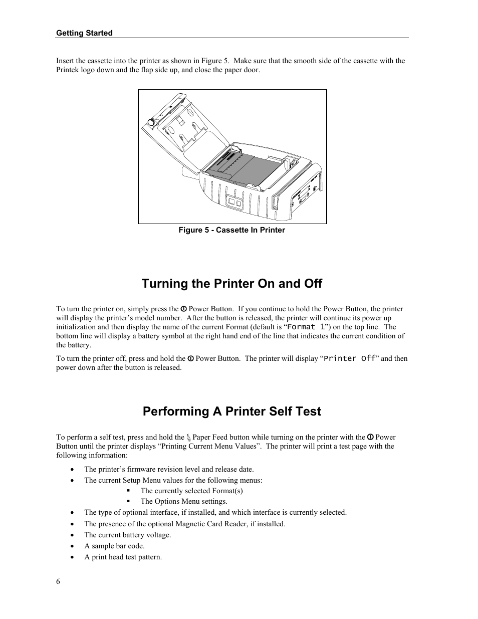 Turning the printer on and off, Performing a printer self test | Zebra Technologies MtP400 User Manual | Page 12 / 63