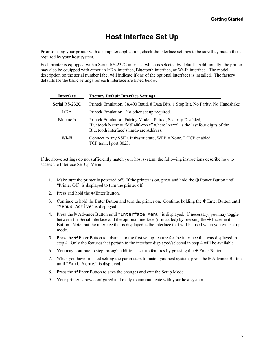 Host interface set up | Zebra Technologies MtP400 User Manual | Page 13 / 63