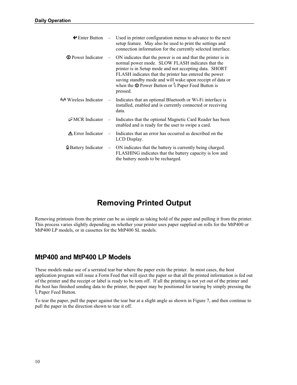 Removing printed output, Mtp400 and mtp400 lp models | Zebra Technologies MtP400 User Manual | Page 16 / 63