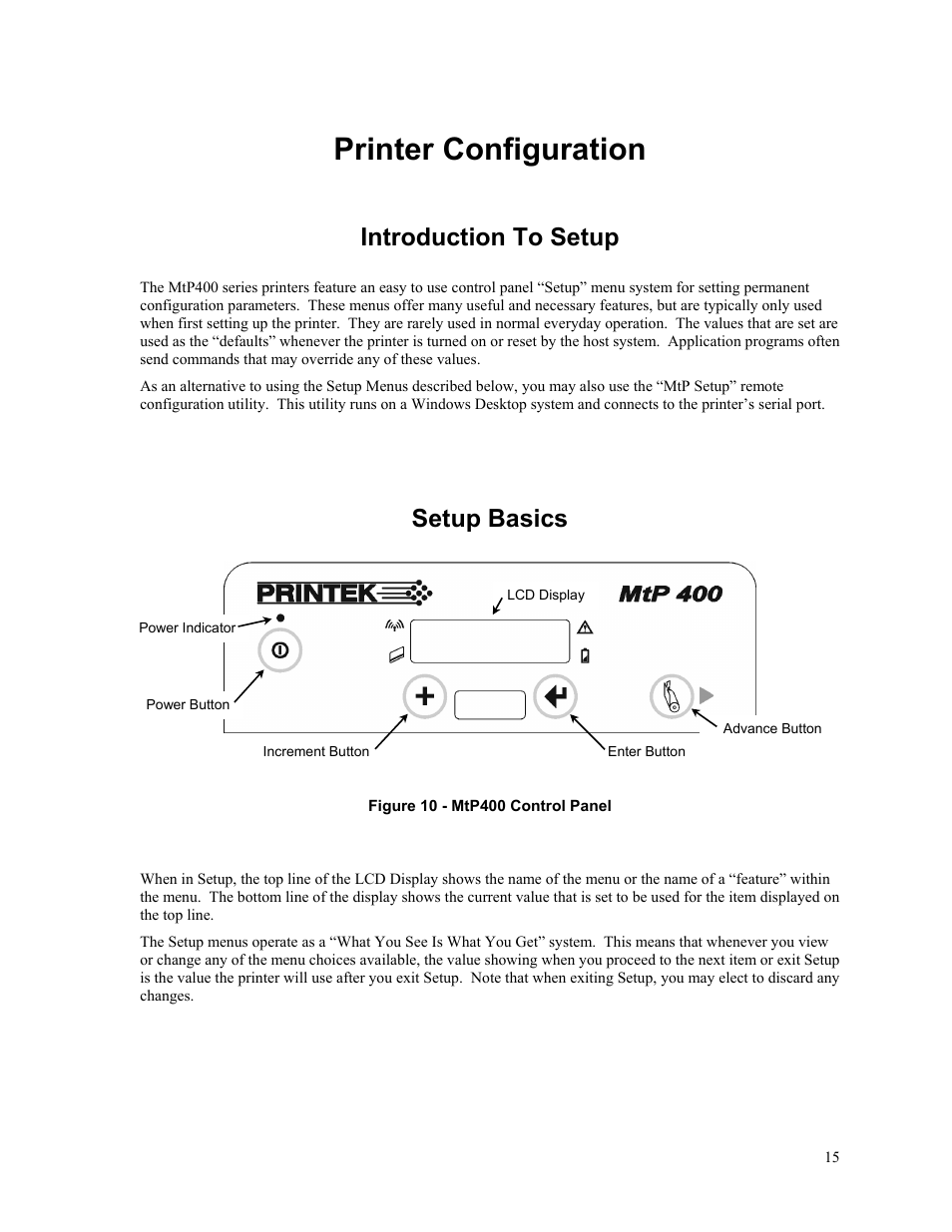 Printer configuration, Introduction to setup, Setup basics | Zebra Technologies MtP400 User Manual | Page 21 / 63