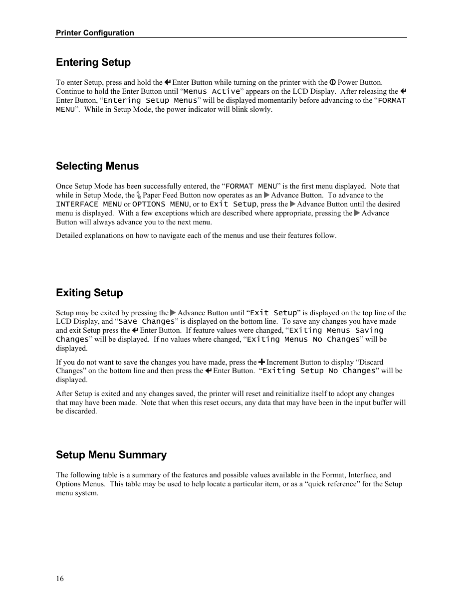 Entering setup, Selecting menus, Exiting setup | Setup menu summary | Zebra Technologies MtP400 User Manual | Page 22 / 63