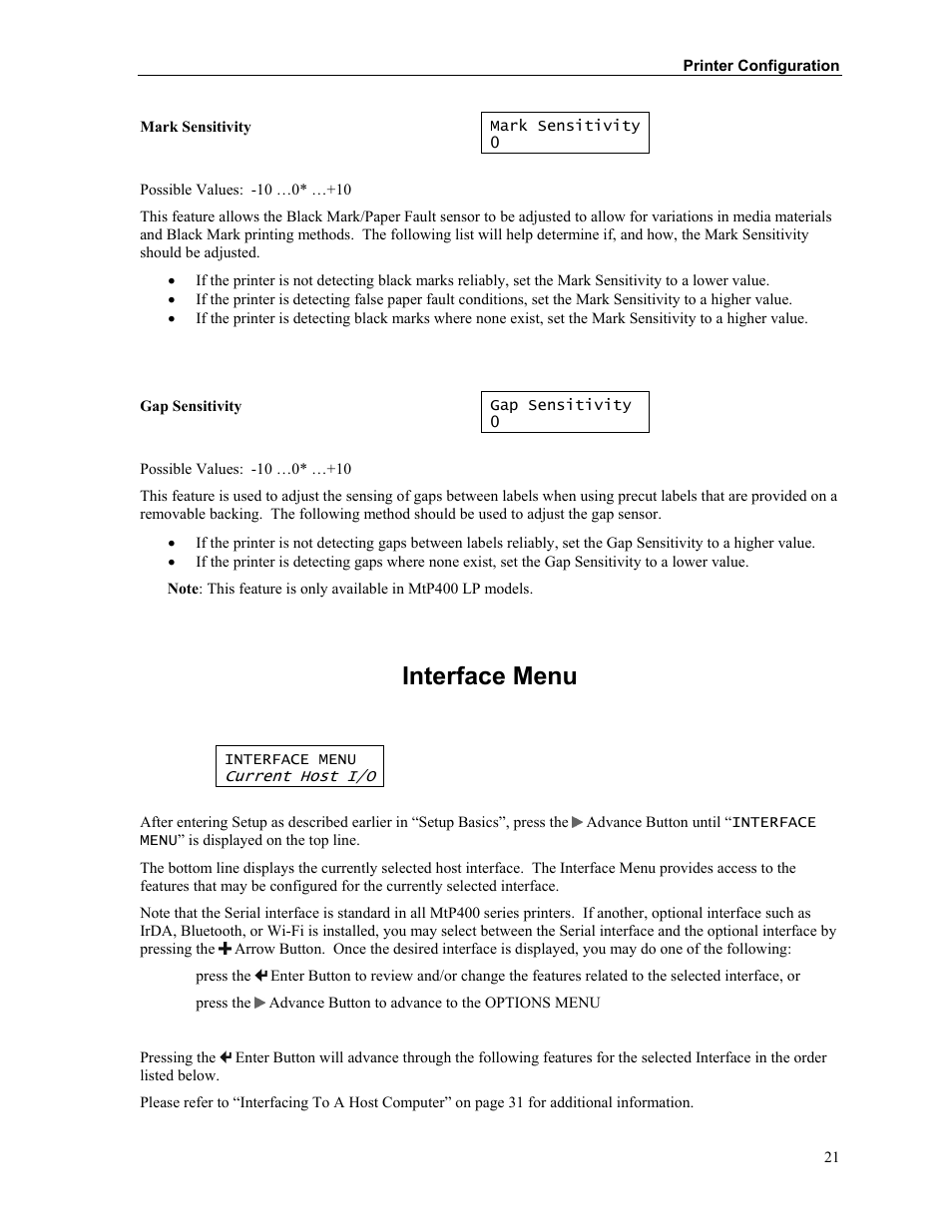 Interface menu | Zebra Technologies MtP400 User Manual | Page 27 / 63