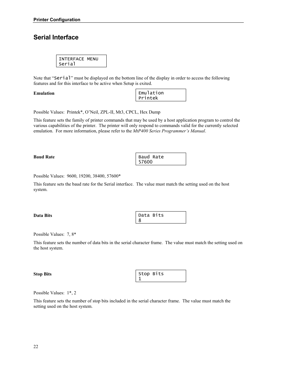 Serial interface | Zebra Technologies MtP400 User Manual | Page 28 / 63
