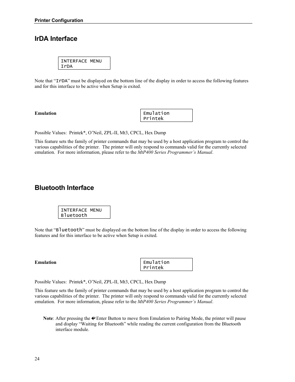 Irda interface, Bluetooth interface | Zebra Technologies MtP400 User Manual | Page 30 / 63