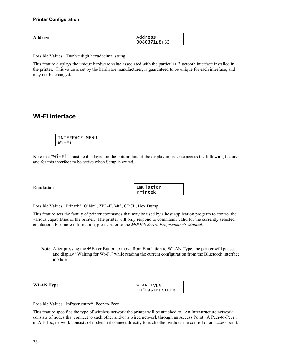 Wi-fi interface | Zebra Technologies MtP400 User Manual | Page 32 / 63
