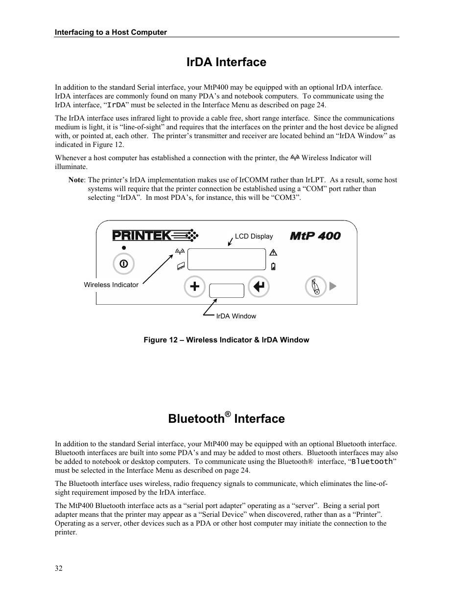 Irda interface, Bluetooth® interface, Bluetooth | Interface | Zebra Technologies MtP400 User Manual | Page 38 / 63