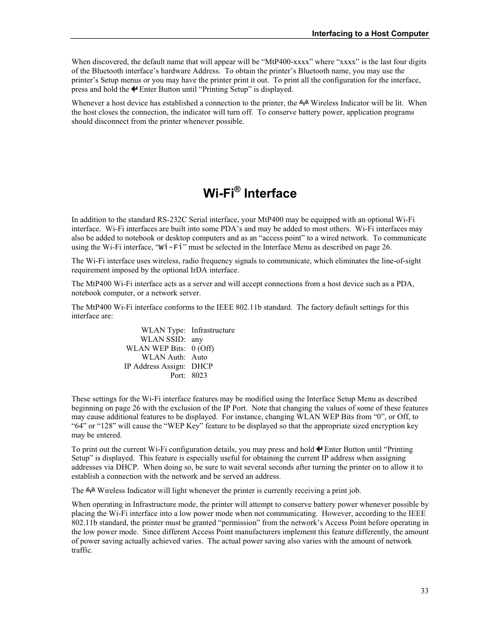 Wi-fi® interface, Wi-fi, Interface | Zebra Technologies MtP400 User Manual | Page 39 / 63