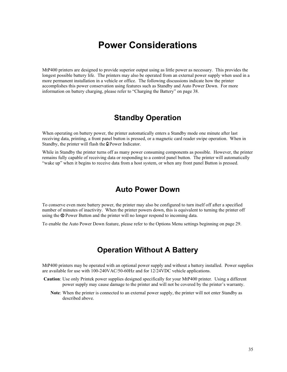Power considerations, Standby operation, Auto power down | Operation without a battery | Zebra Technologies MtP400 User Manual | Page 41 / 63