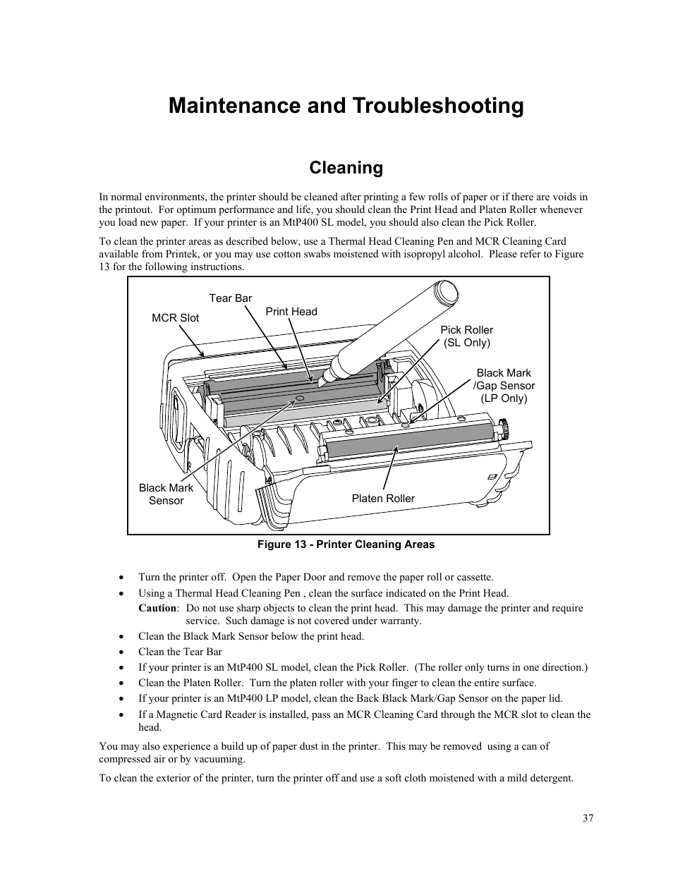 Maintenance and troubleshooting, Cleaning | Zebra Technologies MtP400 User Manual | Page 43 / 63