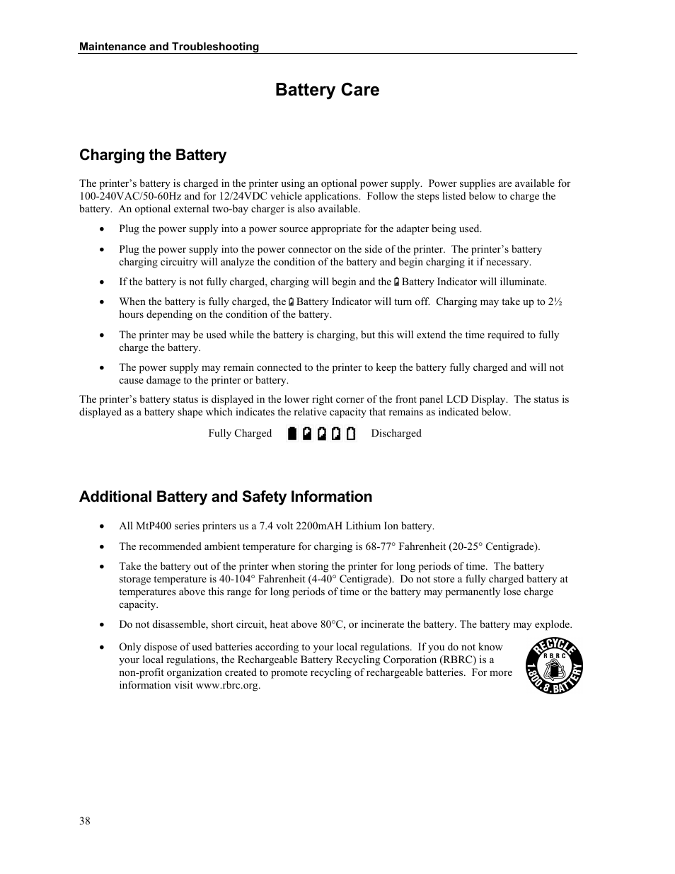 Battery care, Charging the battery, Additional battery and safety information | Zebra Technologies MtP400 User Manual | Page 44 / 63