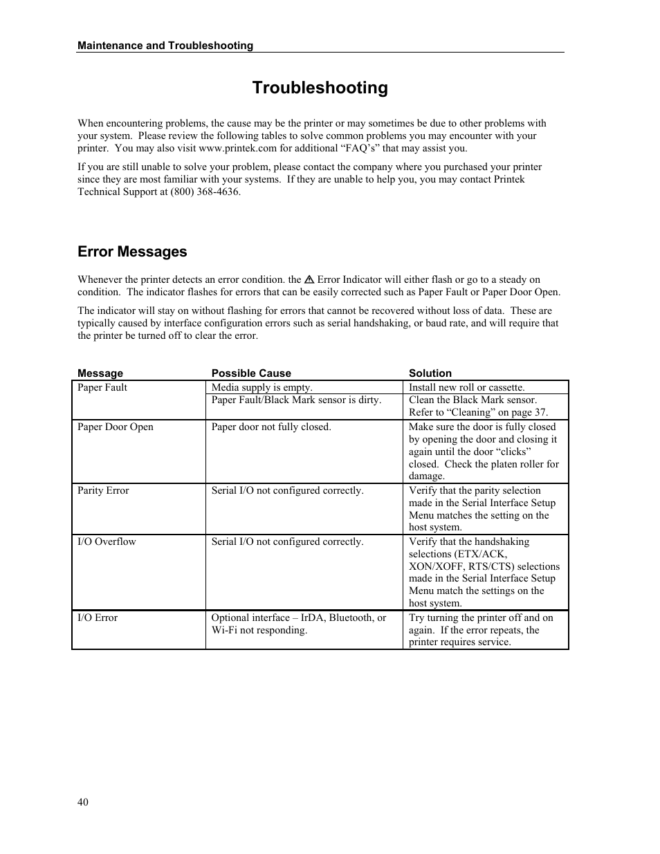 Troubleshooting, Error messages | Zebra Technologies MtP400 User Manual | Page 46 / 63