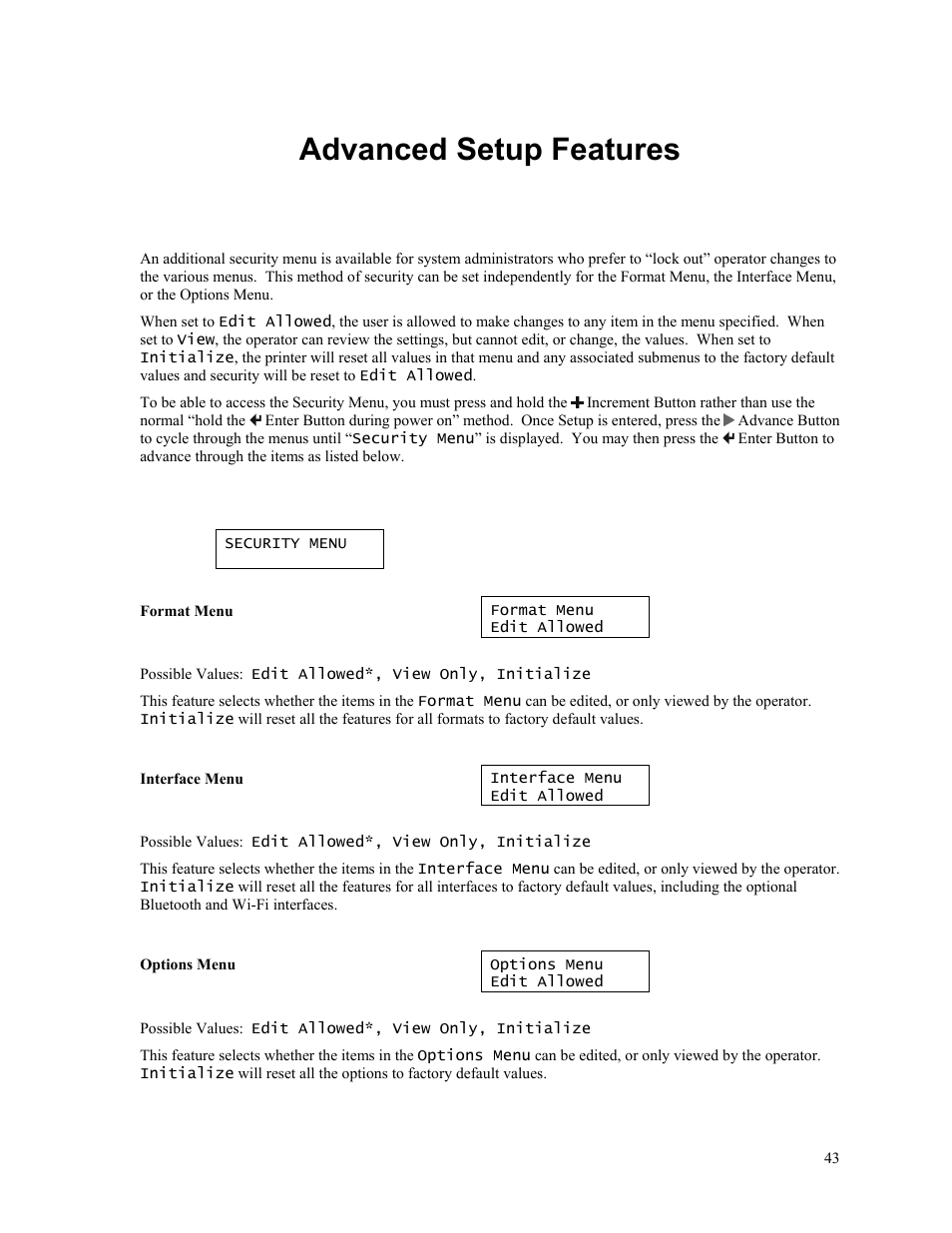 Advanced setup features | Zebra Technologies MtP400 User Manual | Page 49 / 63