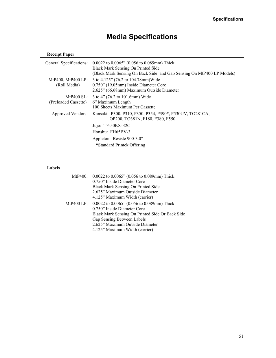 Media specifications | Zebra Technologies MtP400 User Manual | Page 57 / 63