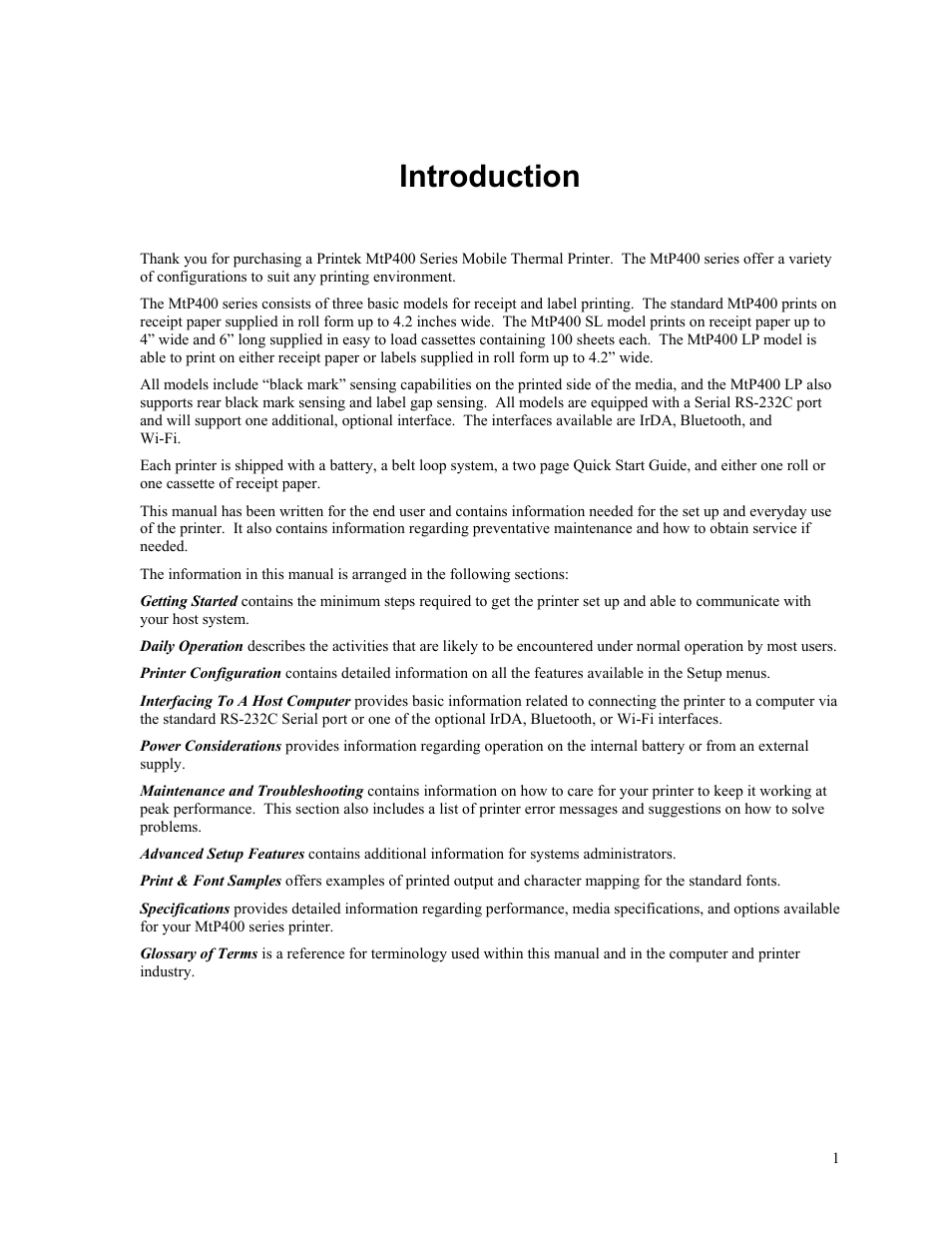 Introduction | Zebra Technologies MtP400 User Manual | Page 7 / 63