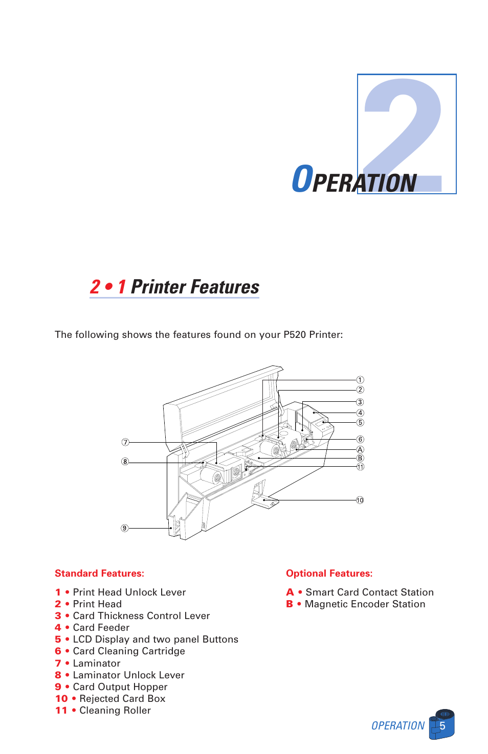 Peration, 2 • 1 printer features | Zebra Technologies P520 User Manual | Page 15 / 64