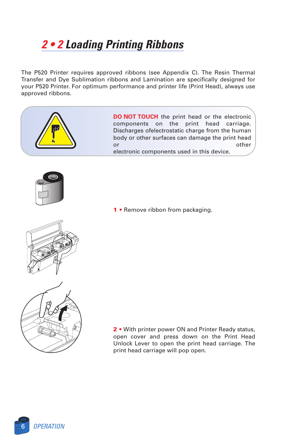 2 • 2 loading printing ribbons | Zebra Technologies P520 User Manual | Page 16 / 64
