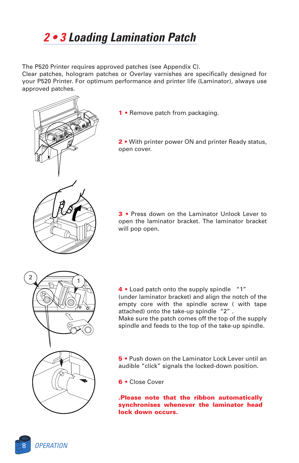 2 • 3 loading lamination patch | Zebra Technologies P520 User Manual | Page 18 / 64