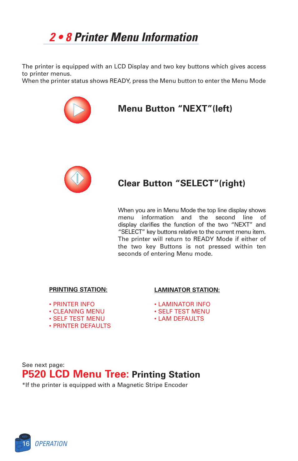 2 • 8 printer menu information, P520 lcd menu tree, Printing station | Zebra Technologies P520 User Manual | Page 26 / 64