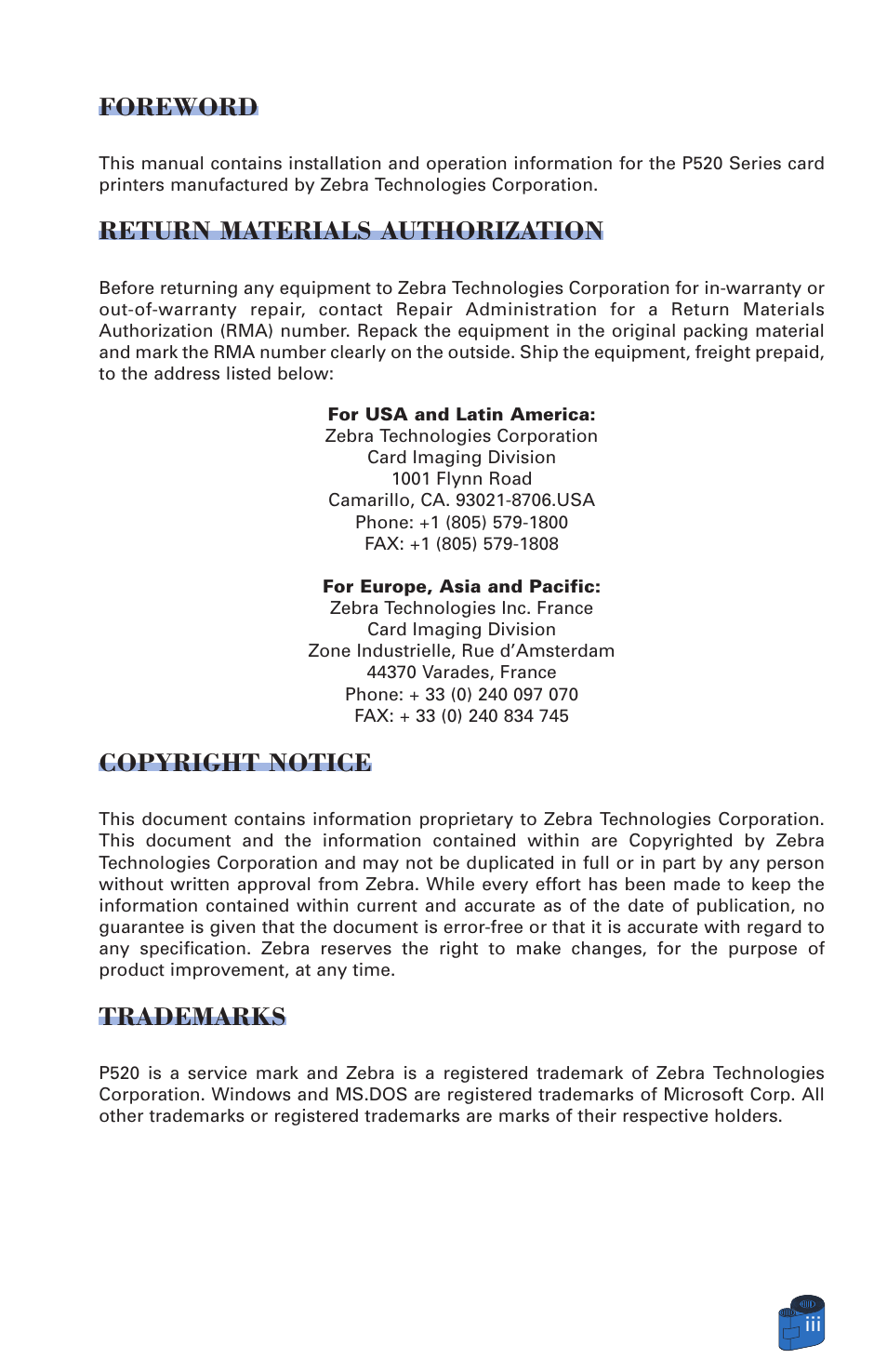 Foreword, Return materials authorization, Copyright notice | Trademarks | Zebra Technologies P520 User Manual | Page 3 / 64
