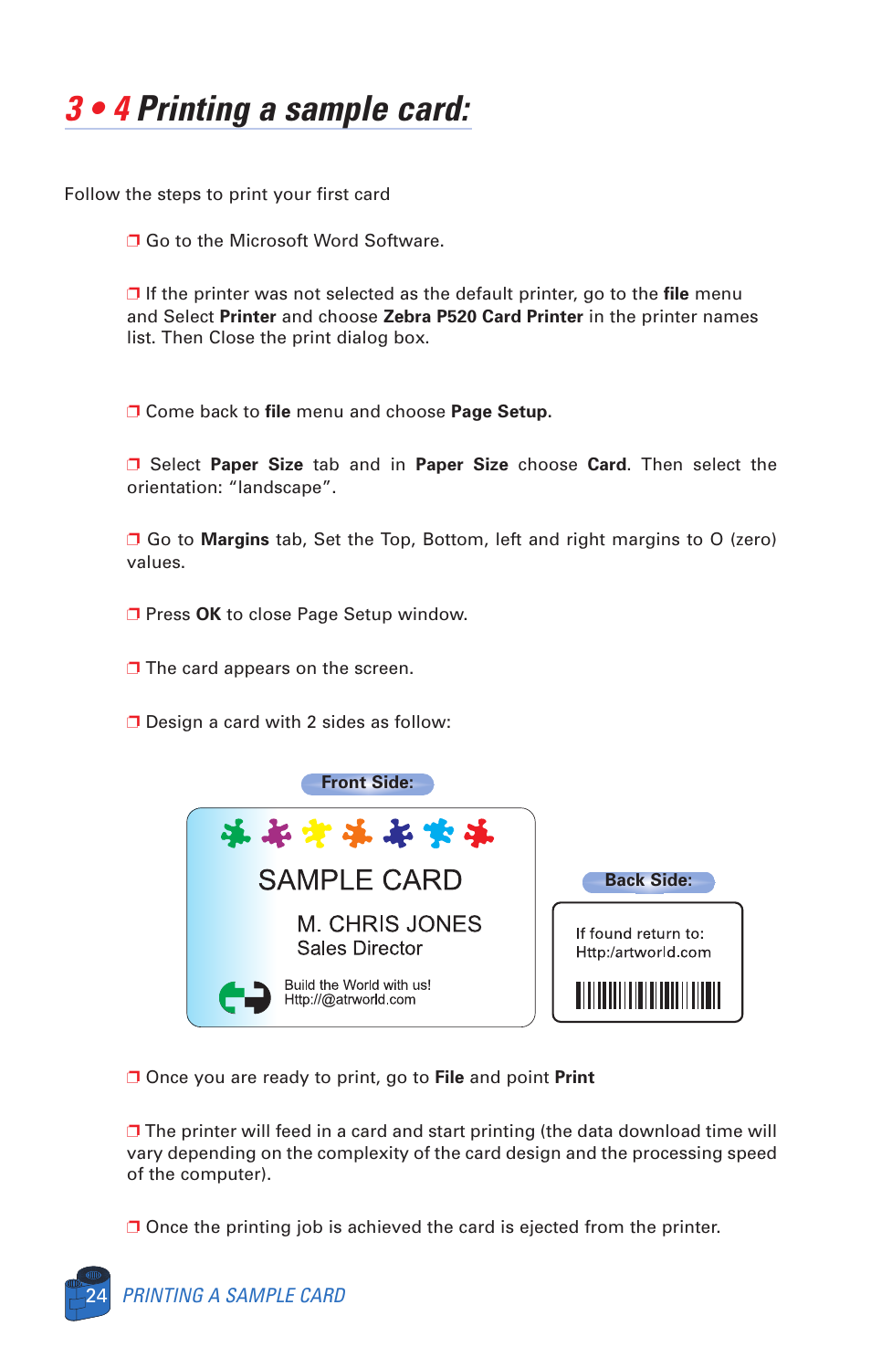 3 • 4 printing a sample card | Zebra Technologies P520 User Manual | Page 34 / 64