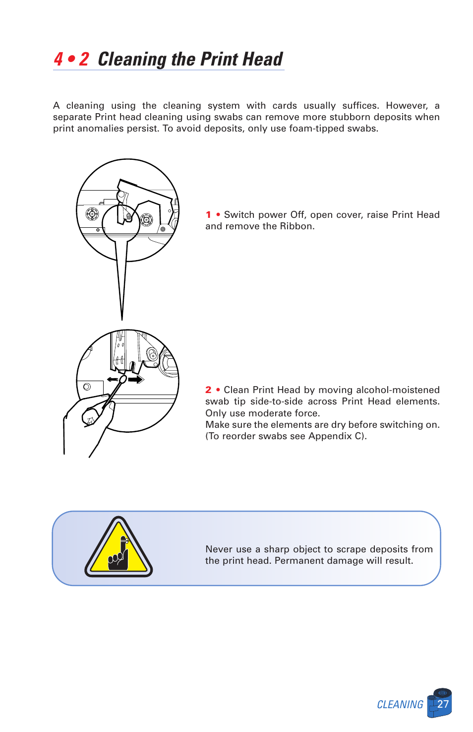 4 • 2 cleaning the print head | Zebra Technologies P520 User Manual | Page 37 / 64