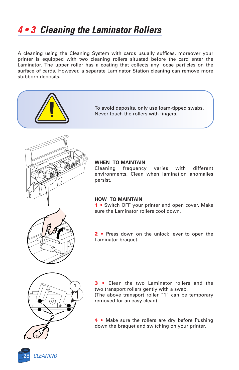 4 • 3 cleaning the laminator rollers | Zebra Technologies P520 User Manual | Page 38 / 64