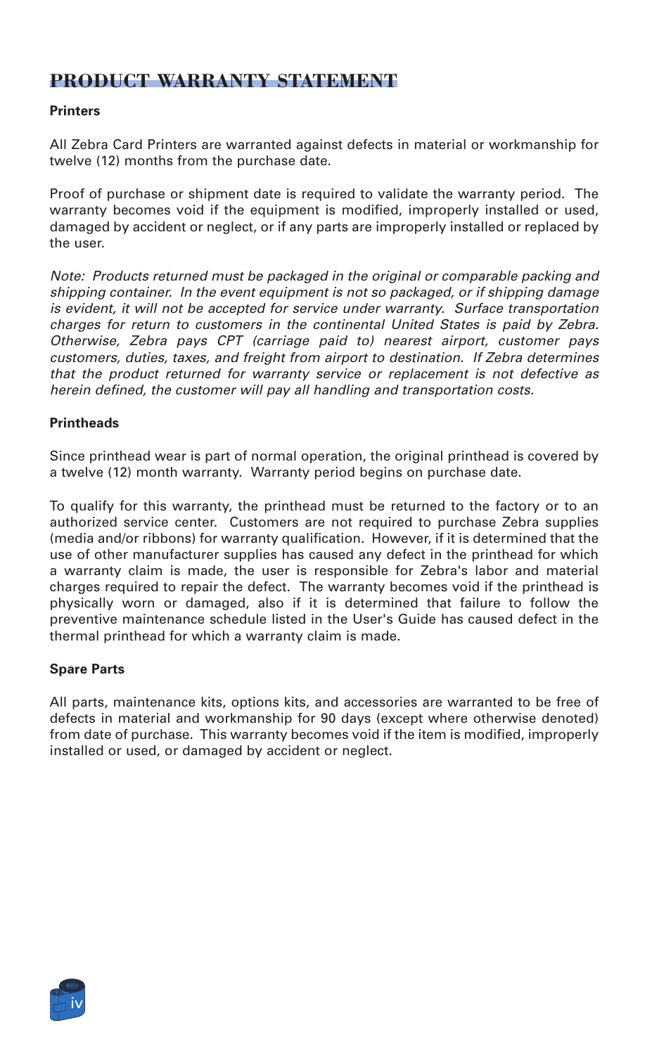 Product warranty statement | Zebra Technologies P520 User Manual | Page 4 / 64