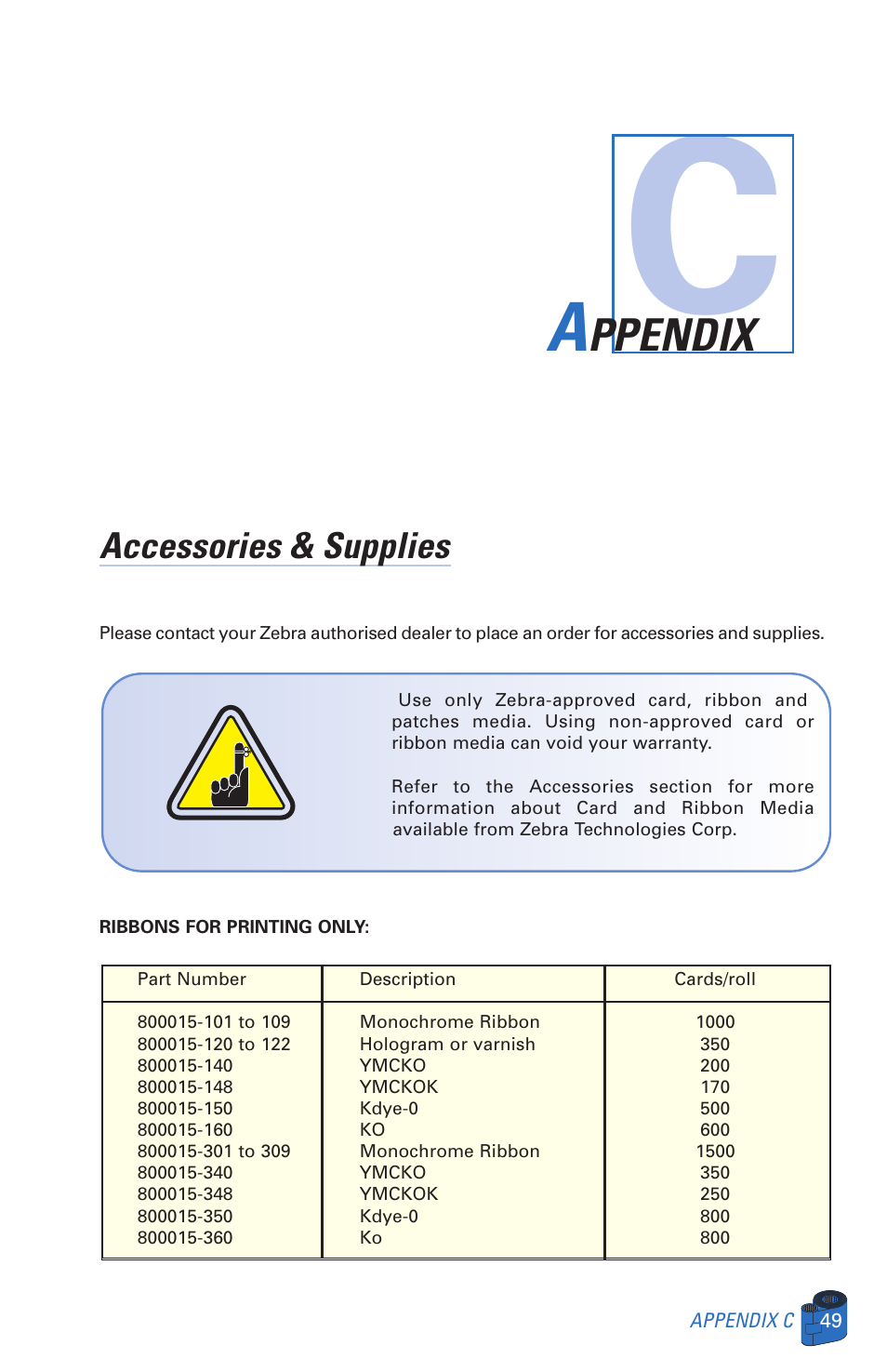 Ppendix, Accessories & supplies | Zebra Technologies P520 User Manual | Page 59 / 64