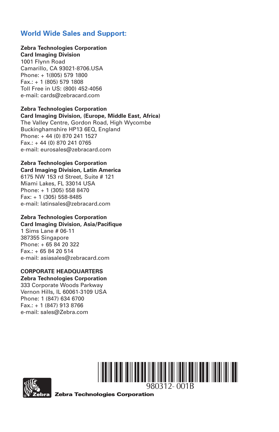 World wide sales and support | Zebra Technologies P520 User Manual | Page 64 / 64